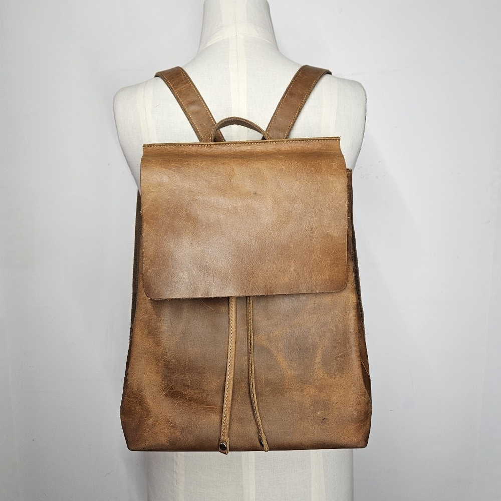 S-Zone 11x13x5.5" Backpack Unisex Leather Brown Adjustable Straps Pockets Lined